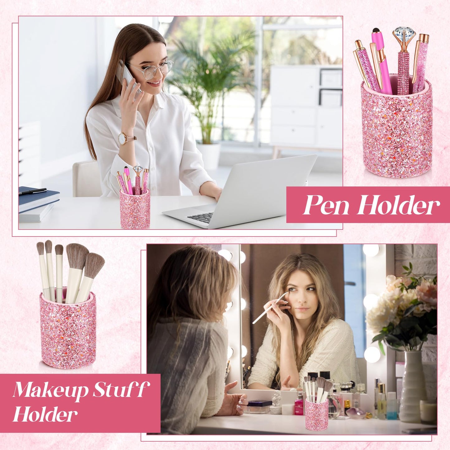 Sabary 8 Pcs Shiny Pink Pens with Pen Holder for Desk Glitter Crystal Diamond Cute Ballpoint Fancy Pencil Holder Bling Desk Organizer for Women Girls School Office Supplies Wedding Graduation Gifts