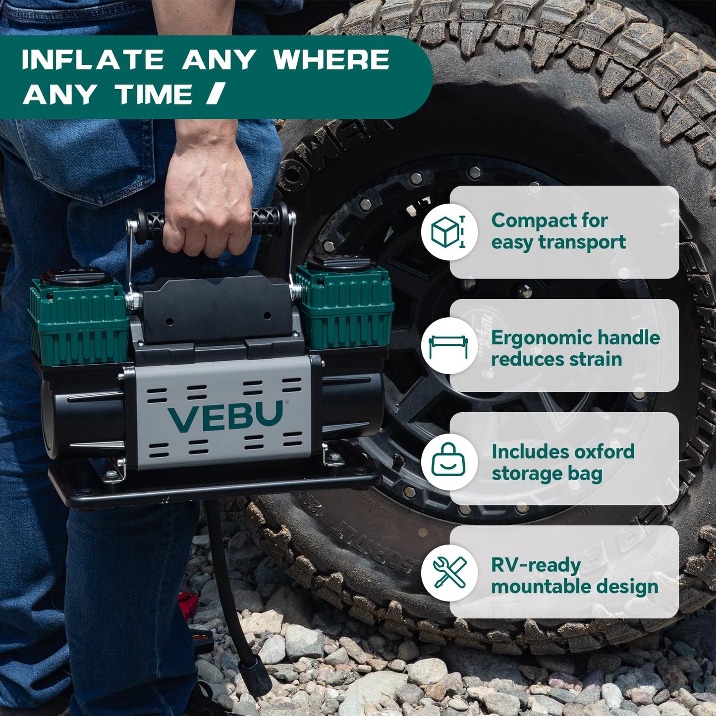 VEBU Heavy Duty Air Compressor 12V Tire Inflator, Dual Cylinder 125PSI with In-line Pressure Gauge, 10.6CFM Fast Inflation for Off-road Vehicles, Trucks, SUVs, RVs, ATVs, DC Power, Corded Electric