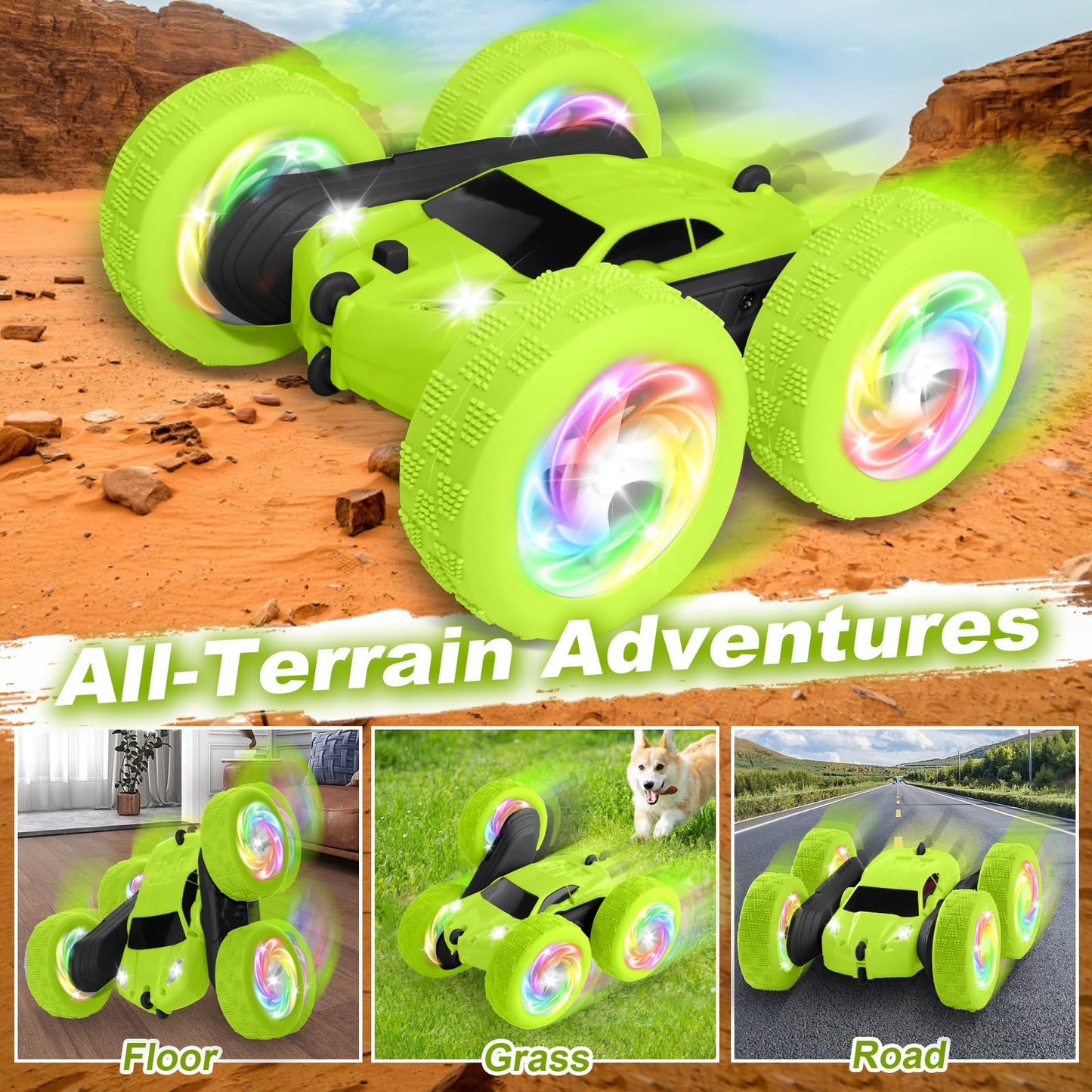 FDCTR Remote Control Car, Stunt RC Cars, 2.4GHz Double Sided 360° Flips RC Crawler, Outdoor Toys for Kids Ages 4-8, Upgraded USB-C Modular Battery, 5 6 7 8 9 10 +Year Old Boys Birthday Gifts Green