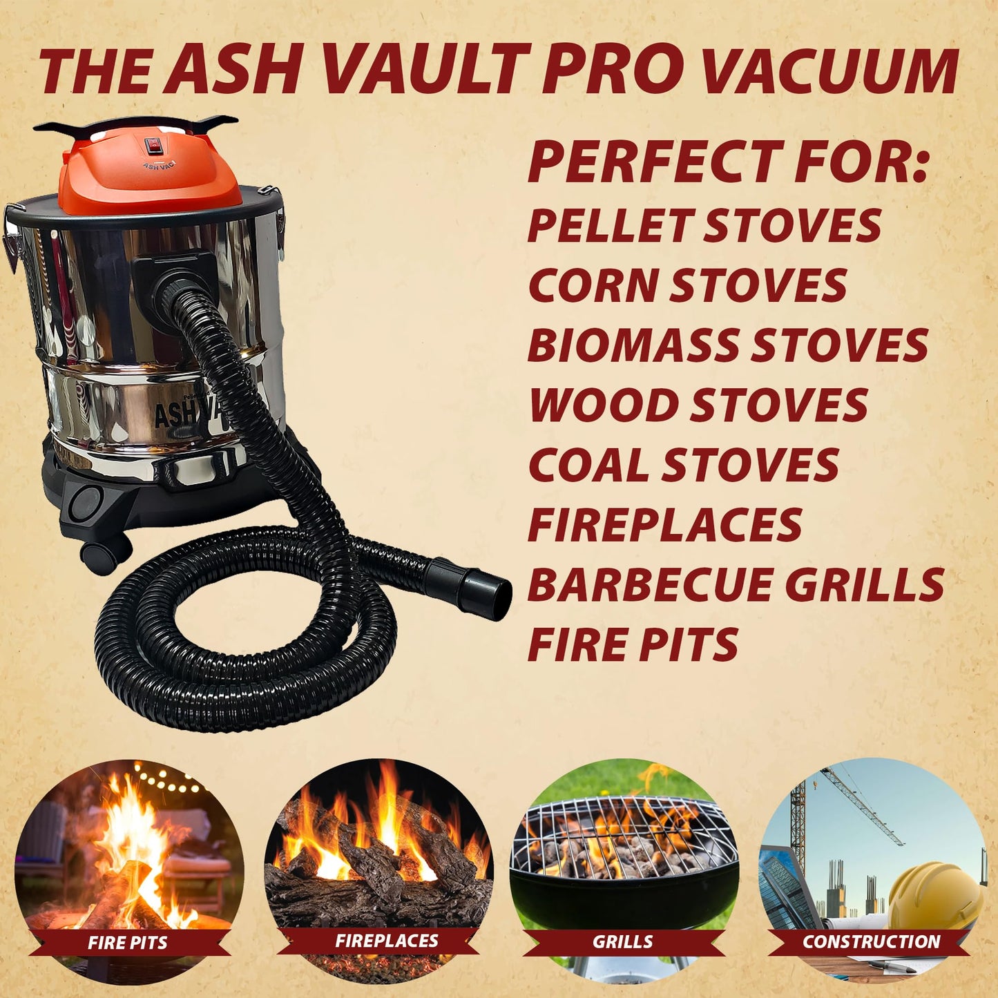 Pellethead Ash Vault Pro | 10-Amp Ash Vacuum for Fireplaces, Pellet Stoves & BBQs – 5-Gal Capacity, Dual HEPA, Heat-Resistant Hose, Steel Tank