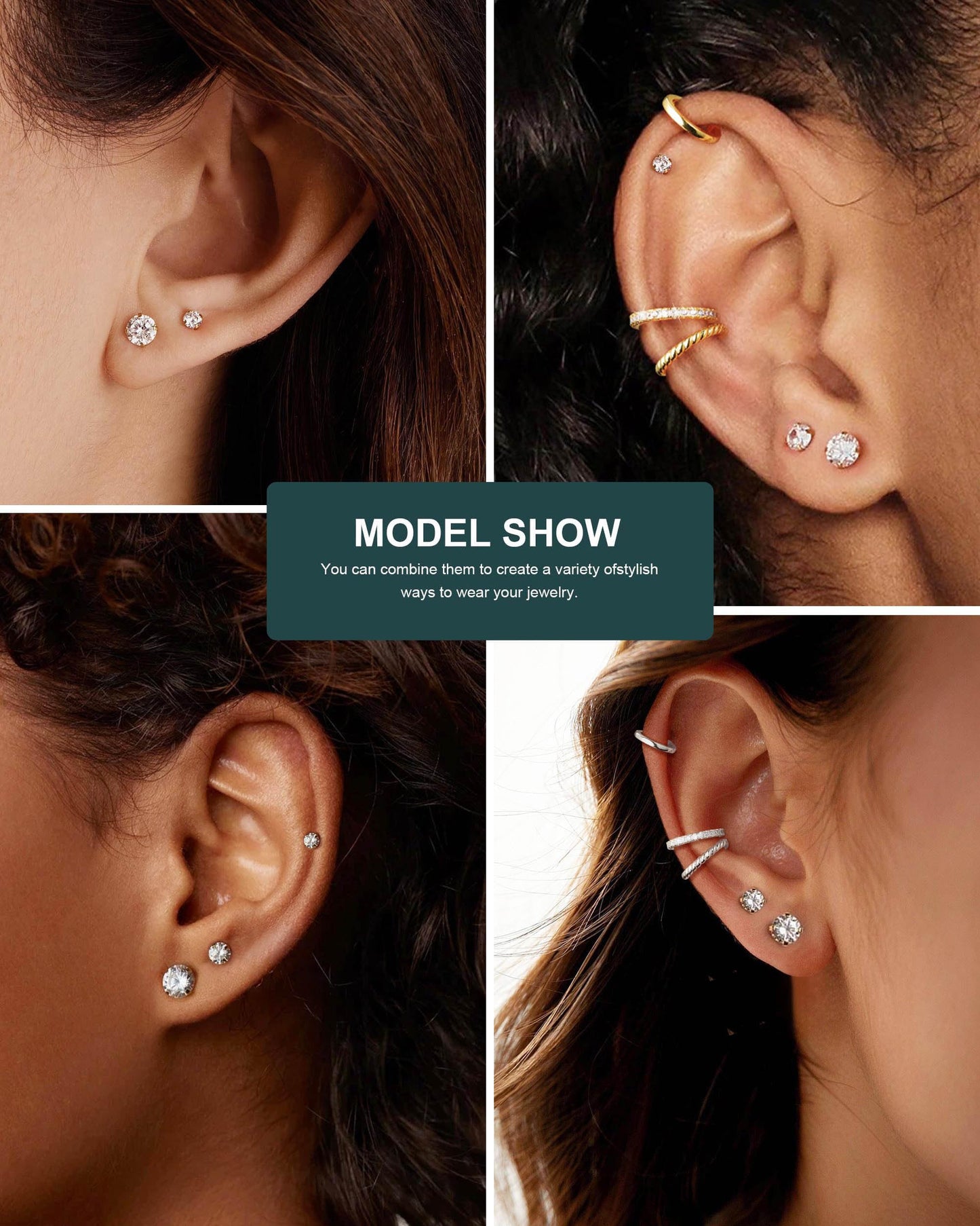 6 Pairs Stud Earrings Set, Hypoallergenic Cubic Zirconia Earrings 316L Stainless Steel CZ Earrings 3-8mm (White CZ)