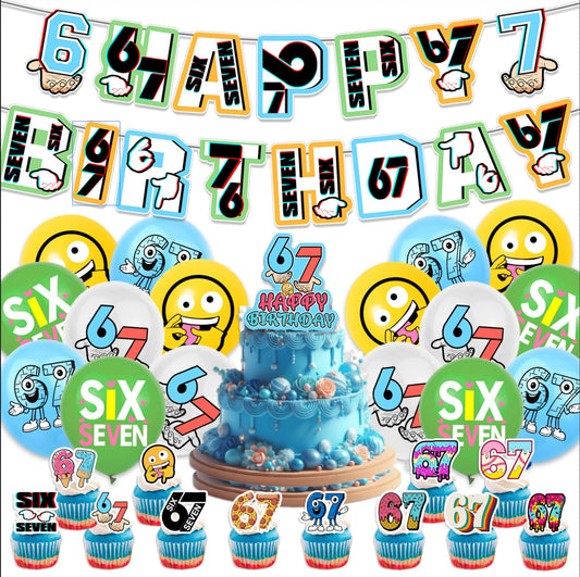 6 7 Birthday Decorations, 6 7 Meme Six Seven Themed party supplies Set Includes Banner, Cake Topper, Cupcake Toppers, Ballons
