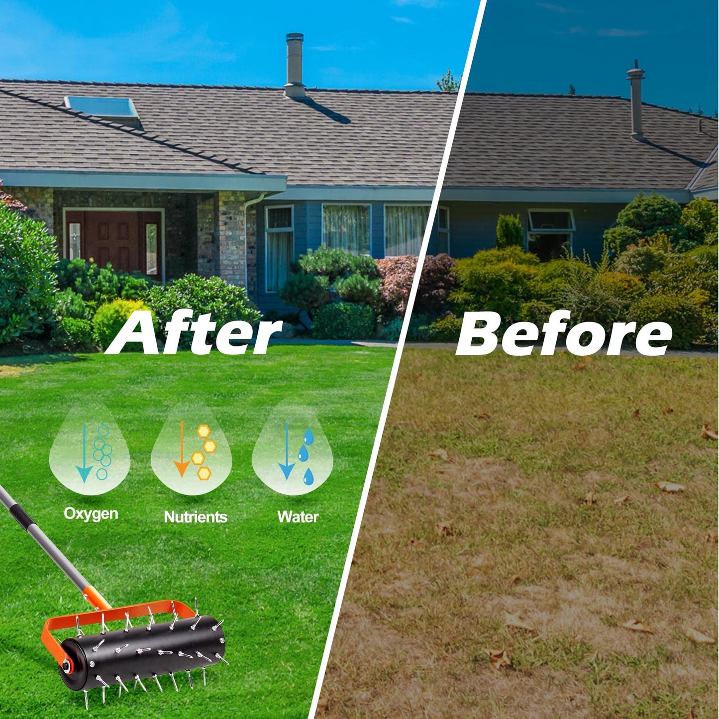 Walensee Rolling Lawn Aerator, Heavy Duty Manual Aerator Tool with 42 Spikes, Lawn Spike Aerator Roller with 71" Adjustable Handle, Soil Penetrator Push Lawn Aeration for Garden Yard Patio
