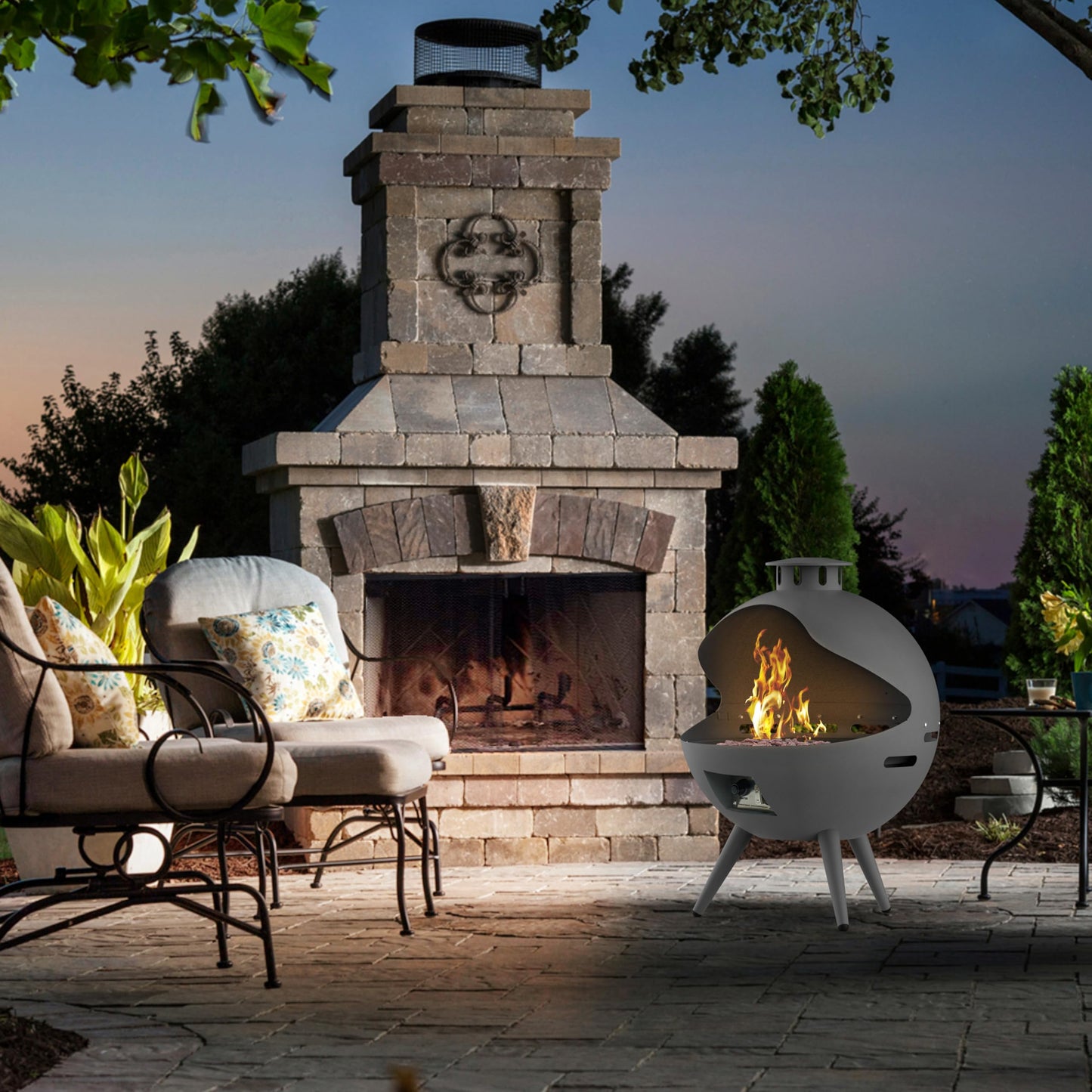 24-Inch Chimenea Outdoor Gas Fireplace, 55,000 BTU Propane Fire Pit with Lava Rocks and Rain Cover, Hemispherical 3-Legged Firepit, Gray