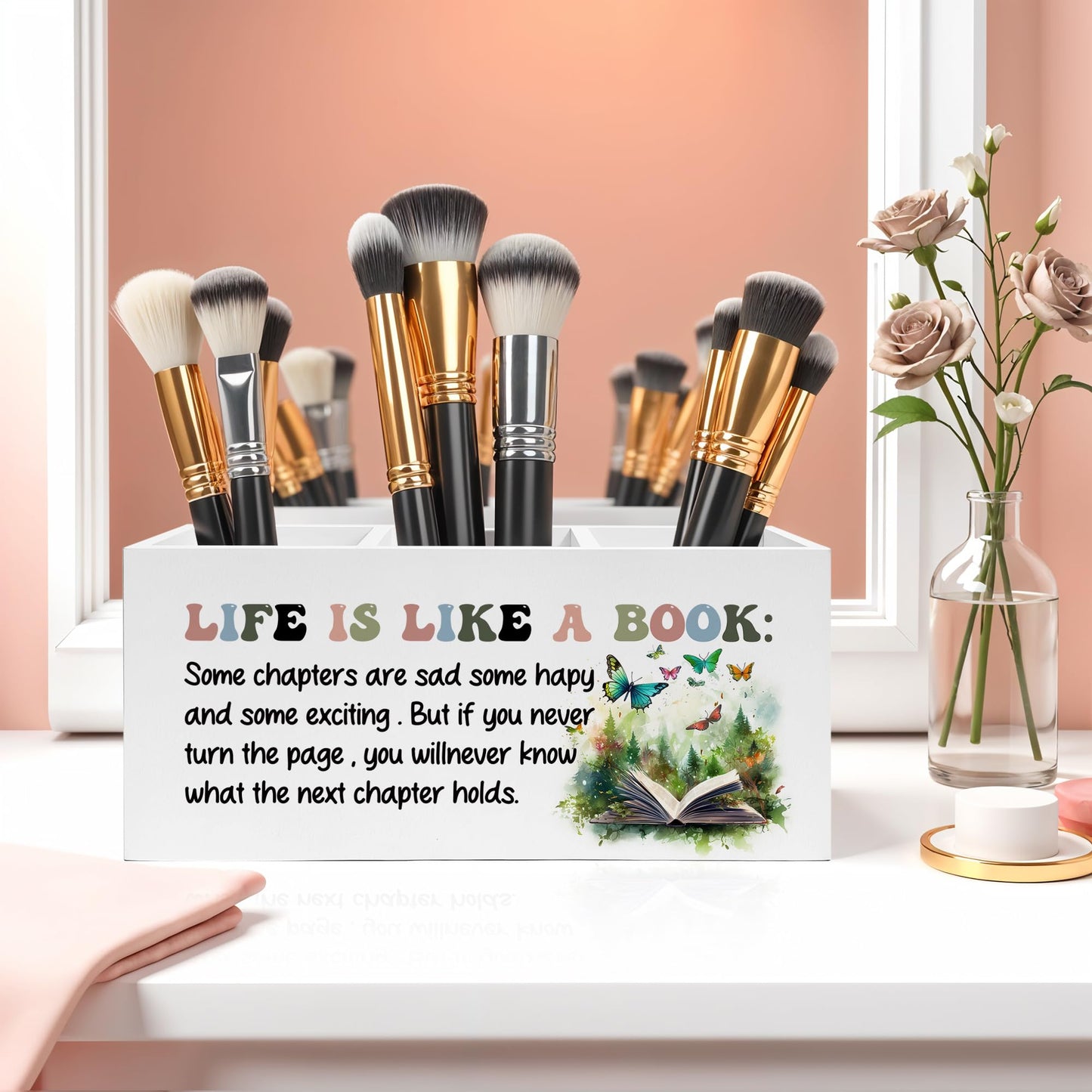 FITIE Inspirational Pencil Pen Holder for Desk, Life Is Like A Book Wooden Pencil Holder Organizer for Home Office Library Desk Accessories, Encouragement Gifts for Women