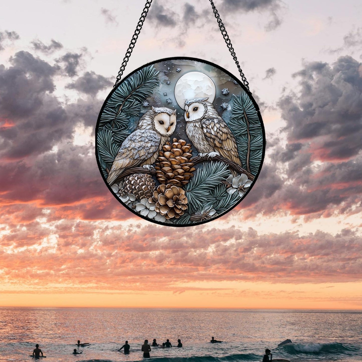 CRISGIF Stained Glass Window Hanging - Owl On A Tree Suncatcher for Doors Garden Patio Winter Scene Sun Catchers Decor Christmas Mother's Day Birthday Gifts for Women Men Mom Nana Friend 6.3 in
