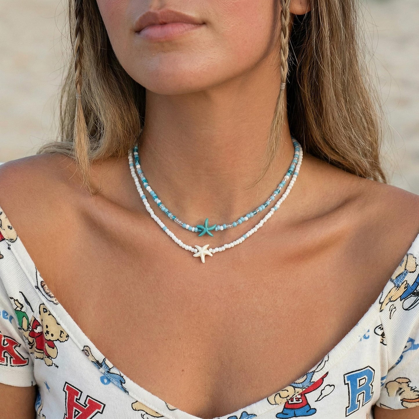 Lameybrt Cowrie Shell Surfer Necklaces, Hawaiian Beach Handmade Choker Set for Women, White Rice Bead with Black Accents, Bohemian Summer Seashell Choker 2 Piece Set, Perfect for Summer Beach Vacation, Birthday, Mother’s Day & Holiday Gifts (Shell 17 Doub