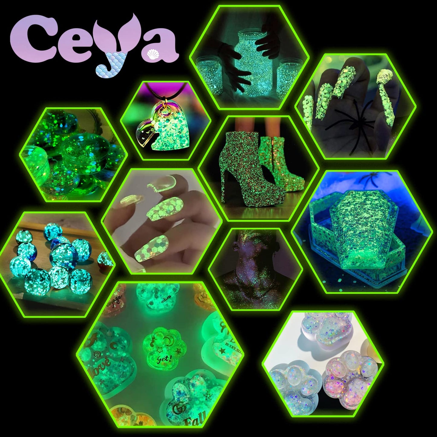 Ceya Glow in The Dark Glitter, 3.3oz/ 95g White Luminous Chunky Glitter Mix Fine Powder Flakes Fluorescent Nail Sequins for Epoxy Resin, Tumblers, Halloween Party, Festival Decor