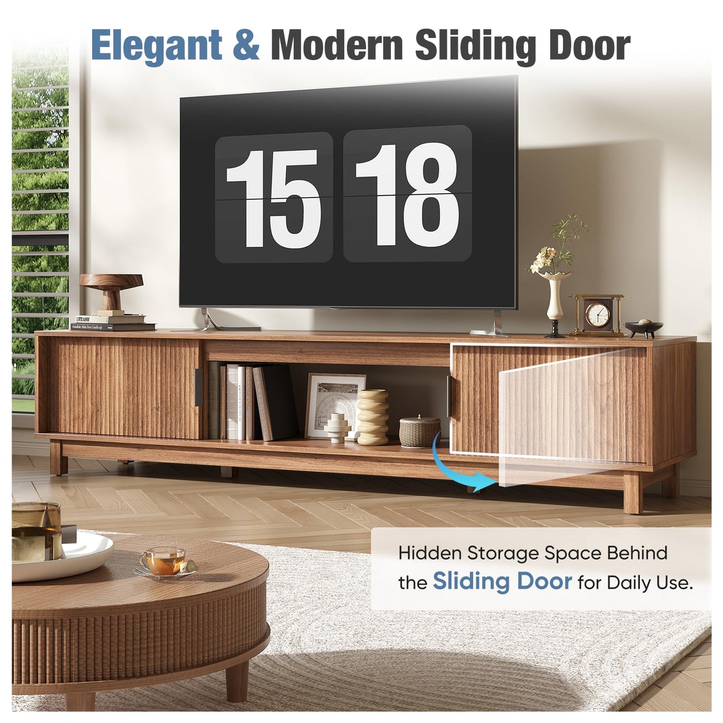 DUMOS TV Stand, Entertainment Center Media Console Table with Storage Cabinet, Mid Century Modern Wood Television Furniture with Cable Management Hole for Living Room, Office and Bedroom, 70" Wide