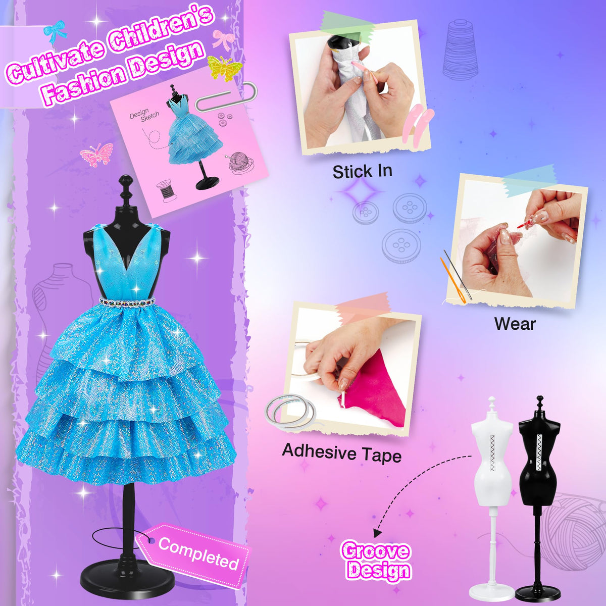 MINIFUN 1500+Pcs Fashion Designer Kit for Girls, Sewing Kit with 7 Mannequins, DIY Arts and Crafts Kit for Kids, Doll Clothes Making Kit, Girl Toys for Age 6 7 8 9 10 11 12 Year Old Gifts