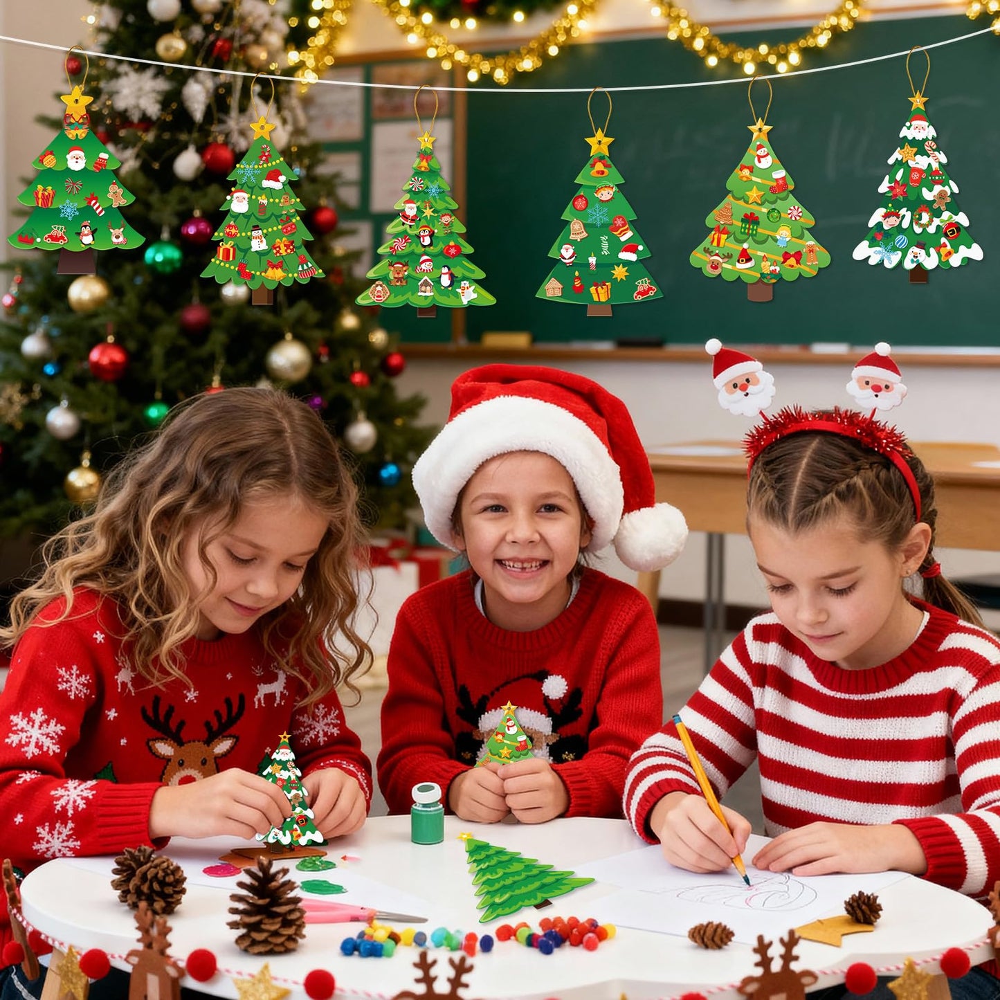 JULBEAR 54 Pcs Christmas Tree Crafts for Kids, DIY Xmas Tree Hanging Ornaments with Stickers Kits for Home Classroom Game Activities Party Favors Holiday Decoration Making