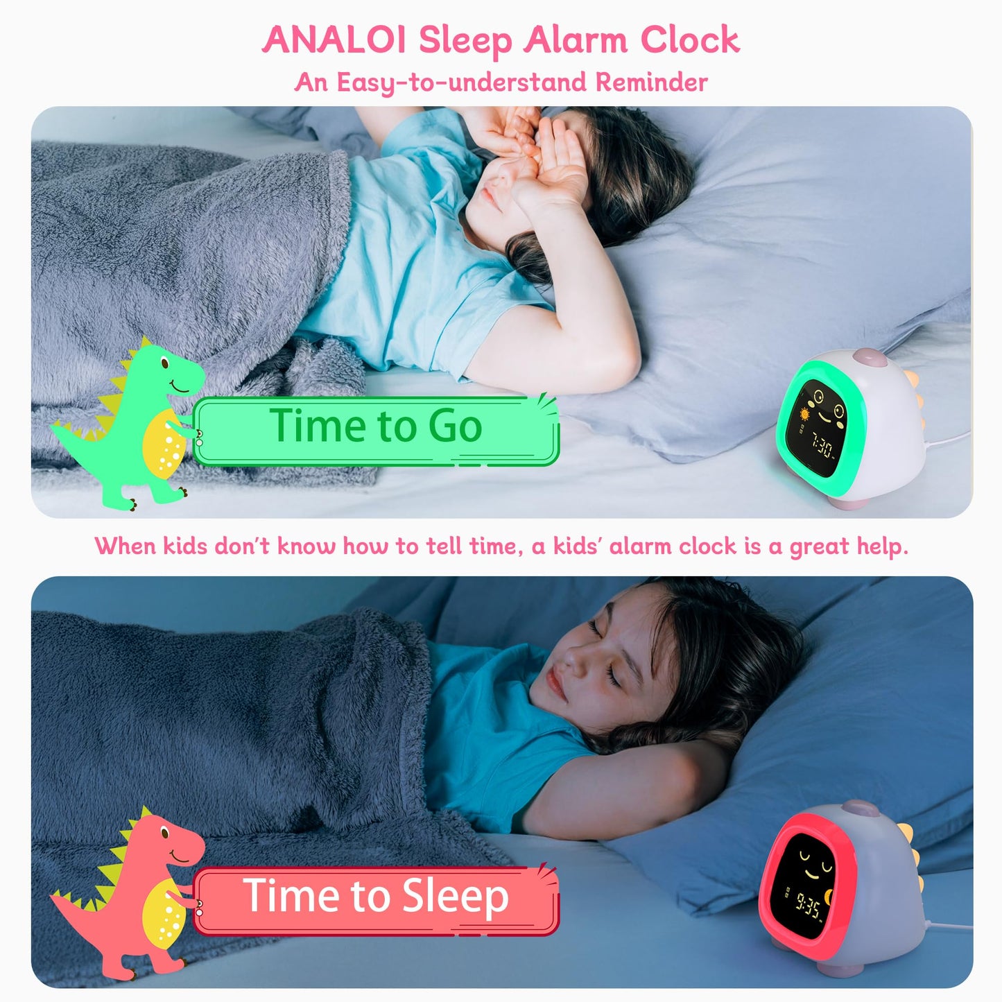 ANALOI Alarm Clock for Kids, Kids Alarm Clock Ok to Wake Cute Night Light for Bedroom, Toddlers Sleep Training Clock Stay in Bed, Dinosaur Birthday Gift for Kids Boys Girls