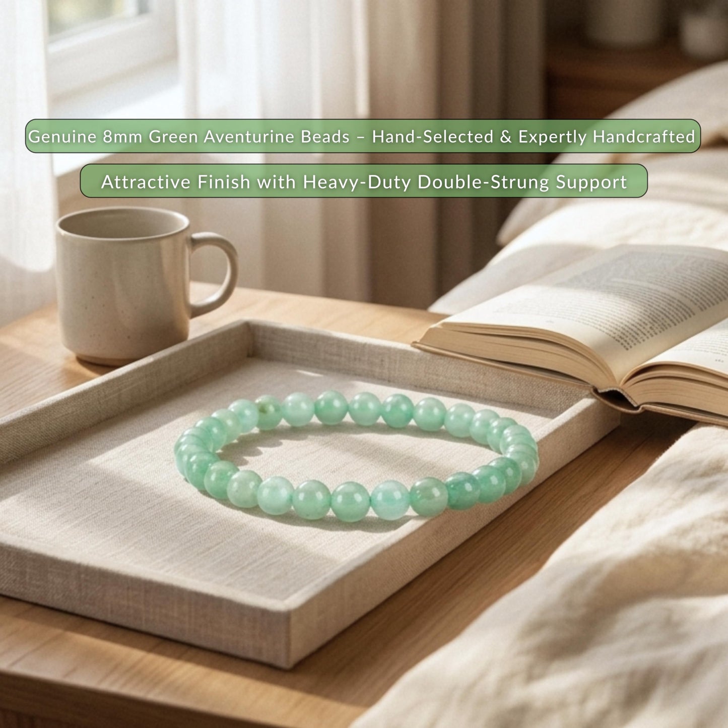 Cherry Tree Collection Green Aventurine Beaded Bracelet – Genuine 8mm Gemstone Stretch Bracelet for Men & Women – Handmade Crystal Bracelet - (Green Aventurine - S)