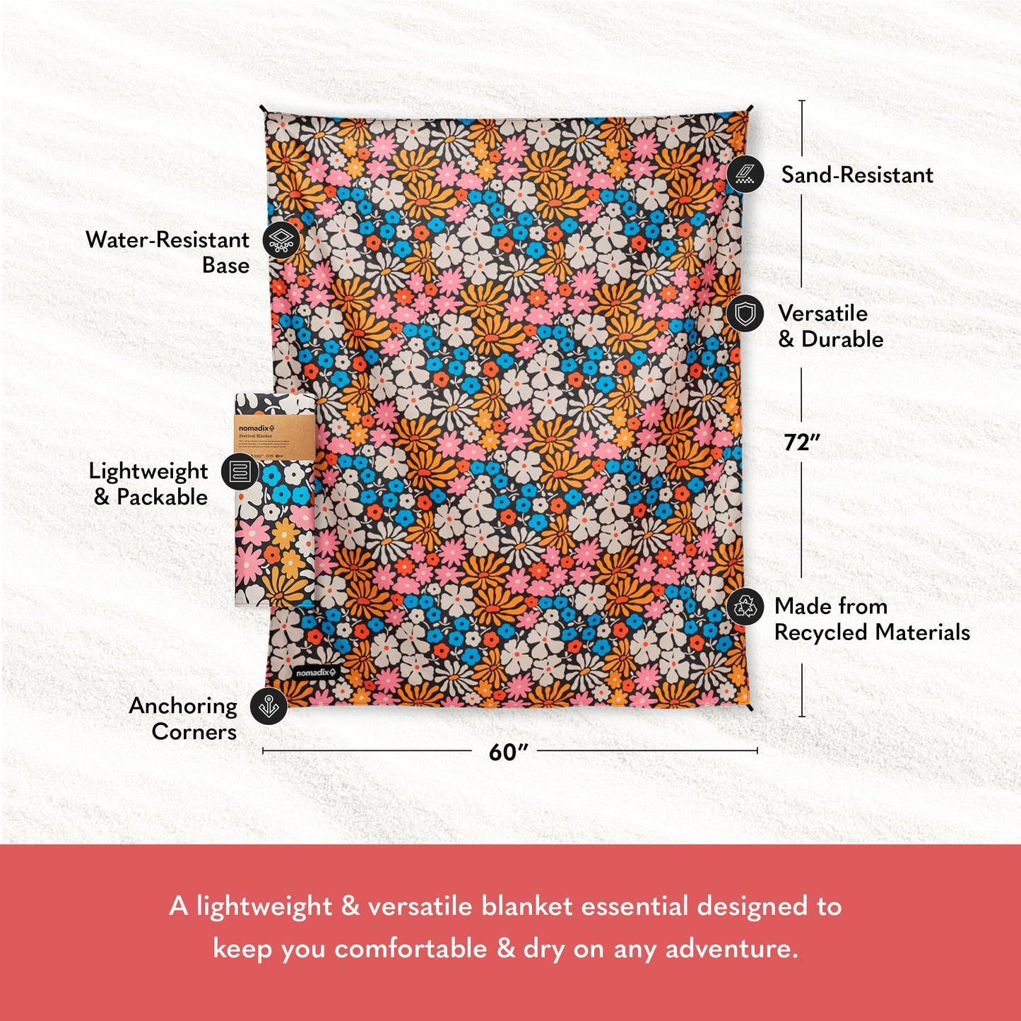 Nomadix Festival Blanket - Perfect for Picnics, Camping, & Lawn Seating - Plush Top & Water Resistant Base - Made with Post Consumer Recycled Materials - Hula Multi - 60x72
