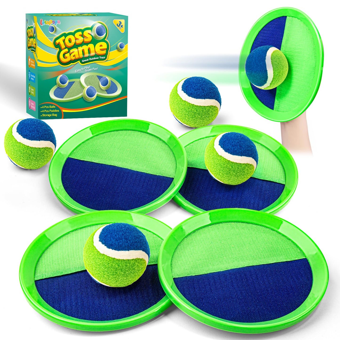 Toss and Catch Ball Set, Pool Beach Outdoor Toys Games for Kids Ages 4-8-12, 4 Paddles 4 Balls and Storage Bag, Summer Yard Outdoor Game for Adult Family, Birthday Easter Gift for Kids