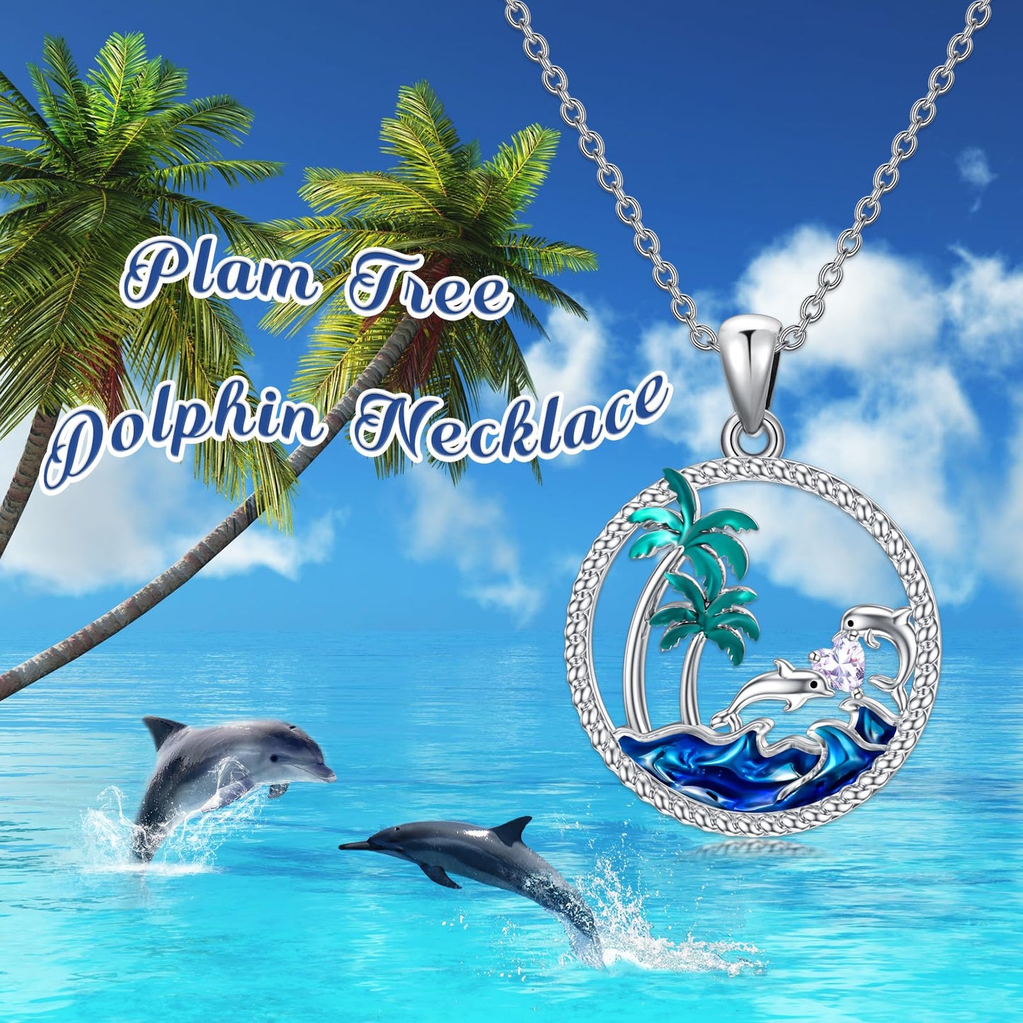 PROESS Dolphin Necklace Sterling Silver June Birthstone Necklace Palm Tree Beach Jewelry Ocean Animal Gifts for Women