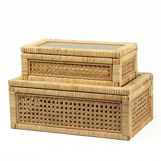 BOMINGHOME Rattan Display Box for Home Decor with Lid - Rectangular Coastal Bohemian Style Stackable Decorative Storage Box Set - Handmade from Natural Rattan, Cedar & Real Glass