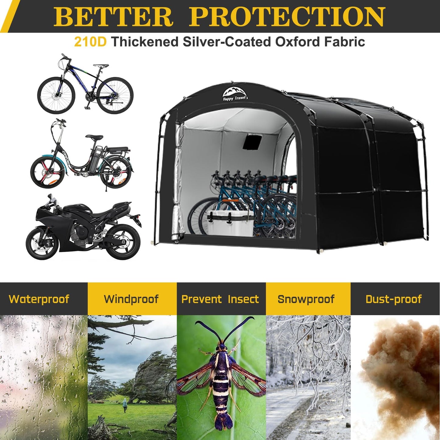 Happy Travel Bike Storage Tent, Outdoor 8×7×6.3ft Large 2-in-1 Portable Shed More 30% Top Space W/Double Doors with Mesh, Outside Lawn Mower Shelter and Bicycle Cover for Patio Furniture, Garden Tools