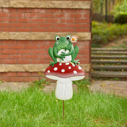 Glitzhome Mushroom and Frog Garden Yard Stake, 30 ”H Metal Stacked Yard Patio Charming Stake Powder-Coated Vibrant Finish Lifelike 2-in-1 Design Ornament Detachable Lawn Wall and Floor Decoration