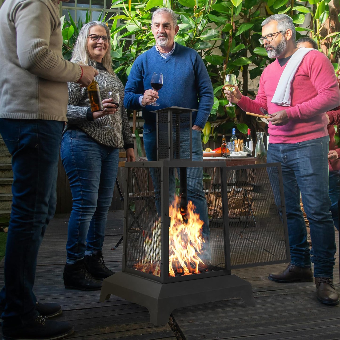Walsport Chiminea Outdoor Fireplace, 43 Inch Wood Burning Fire Pit with Grill Grate and Spark Screen Cover, Outdoor Fire Pit for Patio, Backyard, Deck Porch and Camping, Black