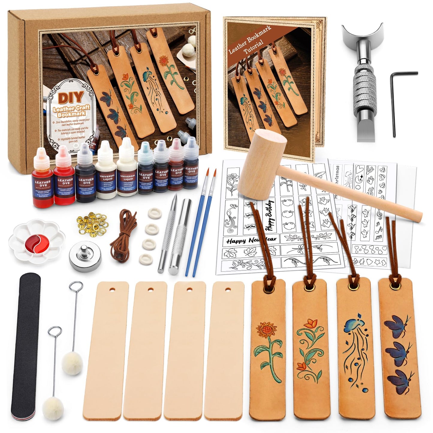 Leather Crafting Kit, Leather Working Kit for Bookmark, Leatherbookmarks Making Kits with Dyeing Carving Working Tools Supplies for Book Mark, Bookmarks for Book Lovers, Adults DIY Crafts Making