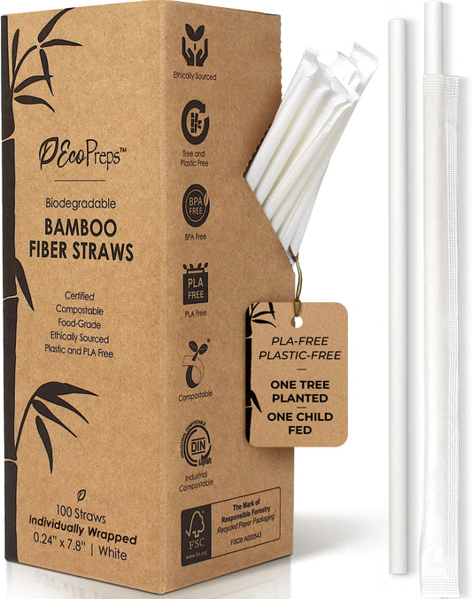 EcoPreps Biodegradable Bamboo Fiber Straws, Plastic-Free Individually Wrapped Straws | 100 Count, 100% Compostable, Eco-Friendly Drinking Straw | 7.8'' Plant Fiber Disposable Straw in White Paper Wrap