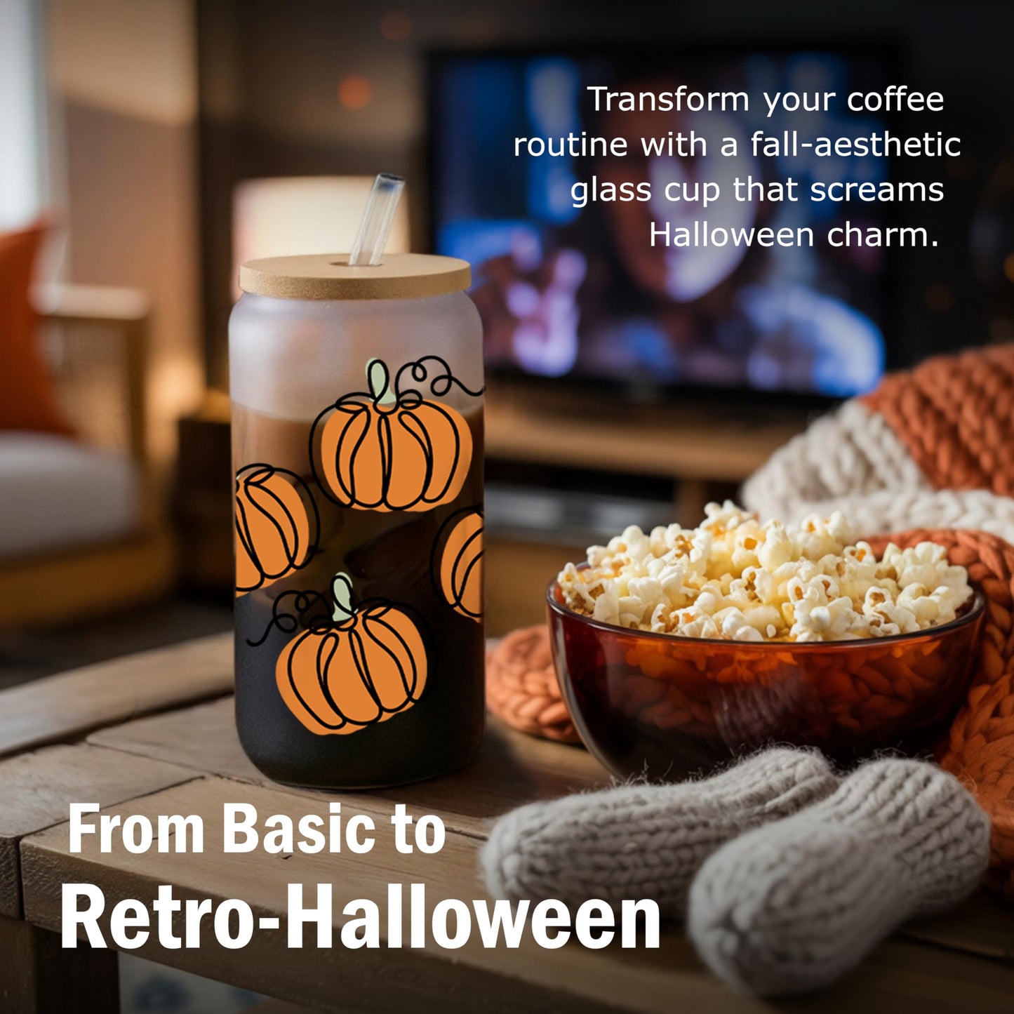 BOYIN HUES Halloween Pumpkin Cups - Cute Halloween Gifts Spooky Boo Basket Stuffers for Women, Teens, Kids - 16oz Glass Iced Coffee Cup w/Lid and Straw - Trick or Treat Party Favors Fall Decor