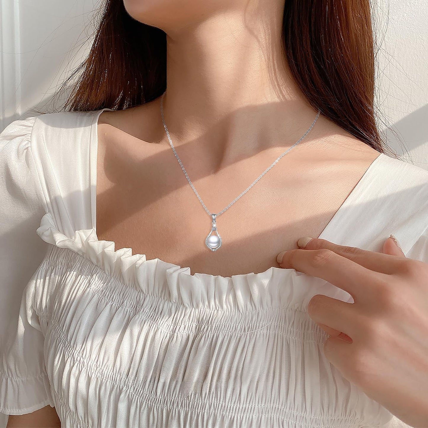 12 mm Sunflower Pearl Necklace 925 Sterling Silver Jewelry 5A Cubic Zirconia Pendant Necklace Gifts for Mom Women Girlfriend Grandma Lover Her Wedding Birthday Anniversary Engagement Valentine's Day