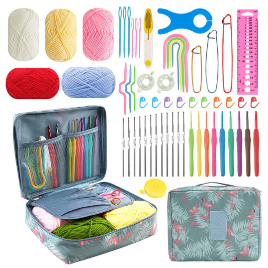 58pcs Crochet Kit Beginners, Crochet Hook Set with Yarn, Portable Crocheting Kit for Starter, Ergonomic Crochet Needles Tools DIY Knitting Accessories for Experienced Crochet Lovers, Flamingo