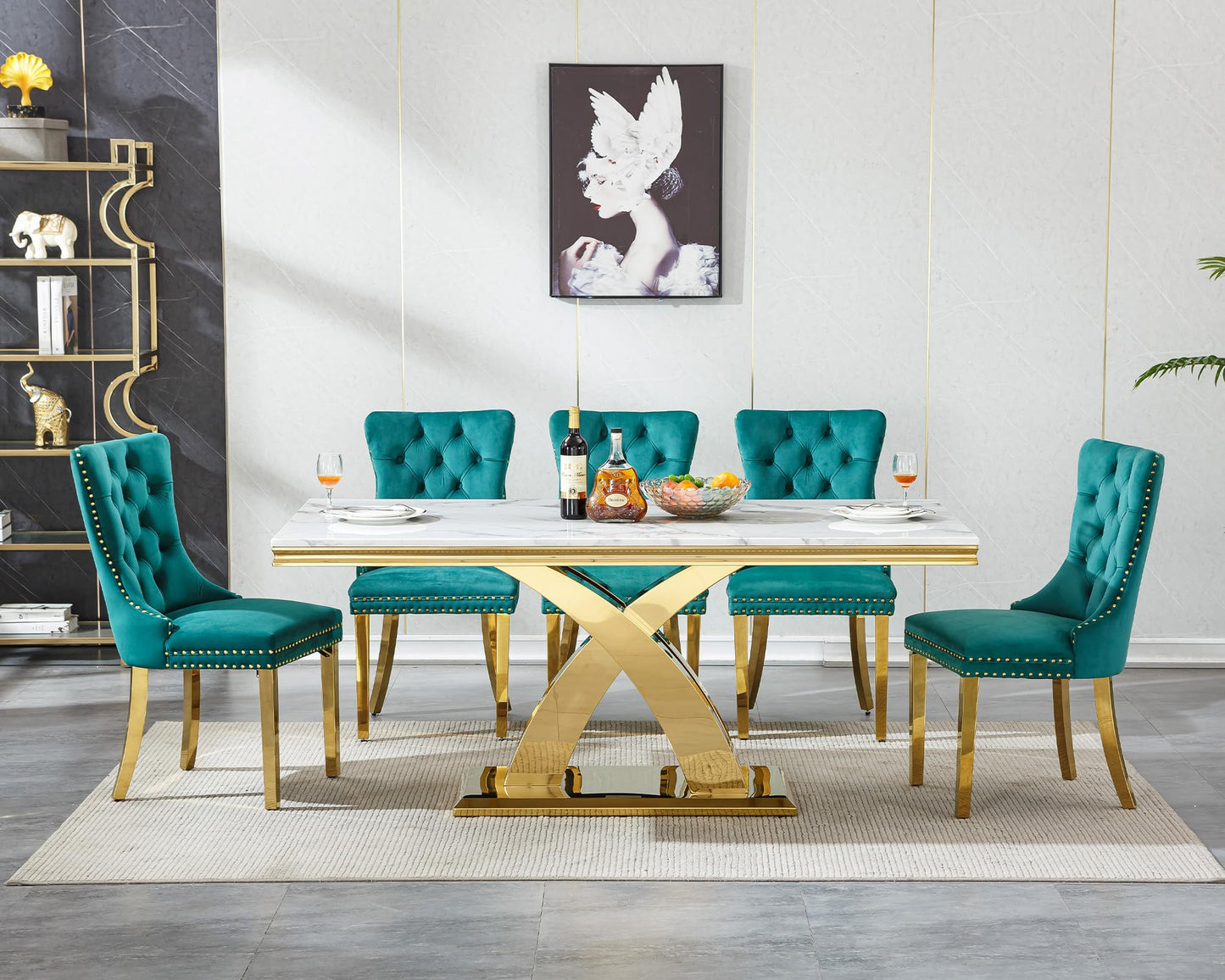 Pvillez 68.11" Marble Dining Table Set, White Dining Table with 6 Green Velvet Chairs, Rectangle Kitchen Table and Chair Set with Gold Stainless Steel Base, Luxury 7 Piece Dining Set for Kitchen