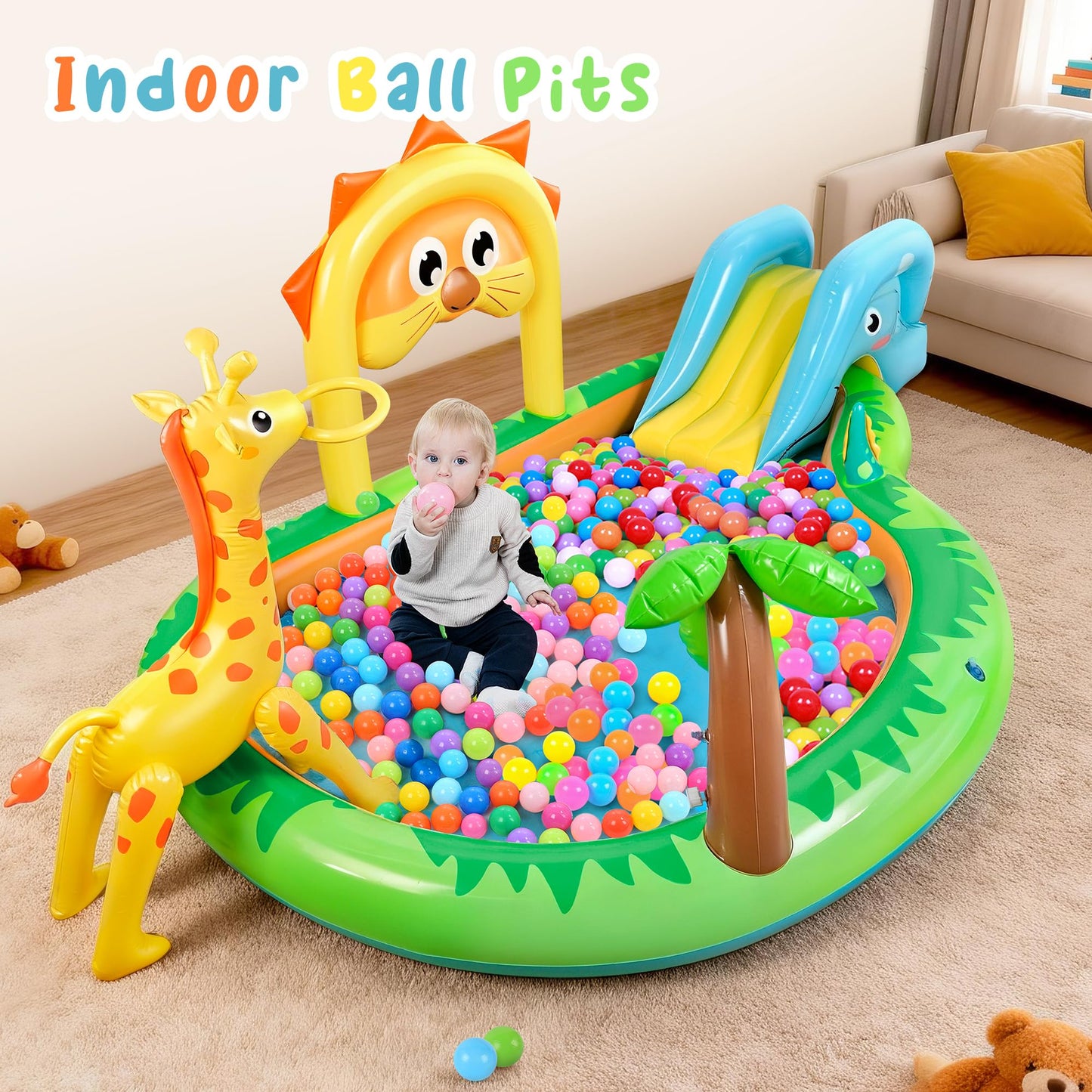 SULIFEEL Zoo-Themed Inflatable Play Center Kiddie Pool with Slide and Sprinkler for Children, 100''x70''x40' in Baby Pool for Backyard and Garden