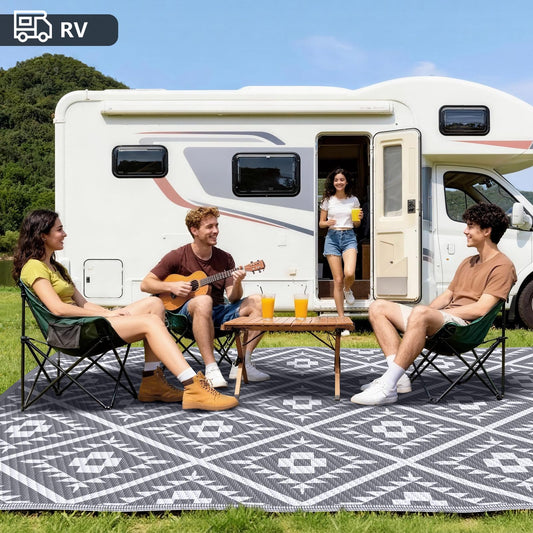 COOLTOP 8'x10’ Outdoor Rug for Patios Porches, Waterproof Plastic Camping Rugs, Modern Reversible Mat, Large Area Rugs for Backyard, Deck, RV, Balcony, Picnic, Beach, Grey & White