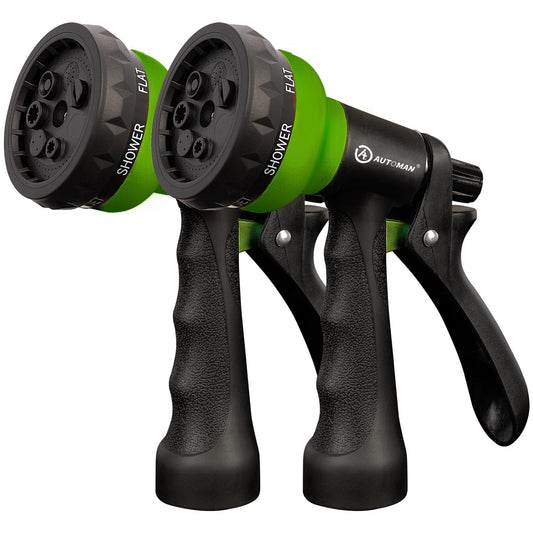 AUTOMAN-Garden-Hose-Nozzle, 2 Pack ABS Water Spray Nozzle with Heavy Duty 7 Adjustable Watering Patterns,Slip Resistant for Watering Plants,Lawn& Garden,Washing Cars,Cleaning,Showering Pets - Green
