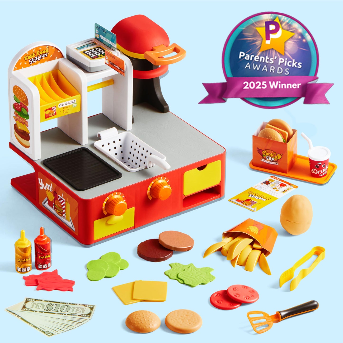 lalalark Restaurant Play Food Set Toy, 40+ PCS Fast Food Playset with Potato Cutter, Simulated Frying Effect & Lights, Order, Card & Drink Station, Interactive Role Play Toy Birthday Gift