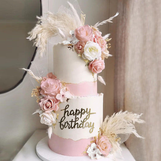 33 PCS Boho Cake Topper Decorations Vintage Artificial Rose Flowers Leaves Various Dried Pampas Grass for Cake Decorating Kit for Wedding Bridal Birthday Party Supplies (Pink)