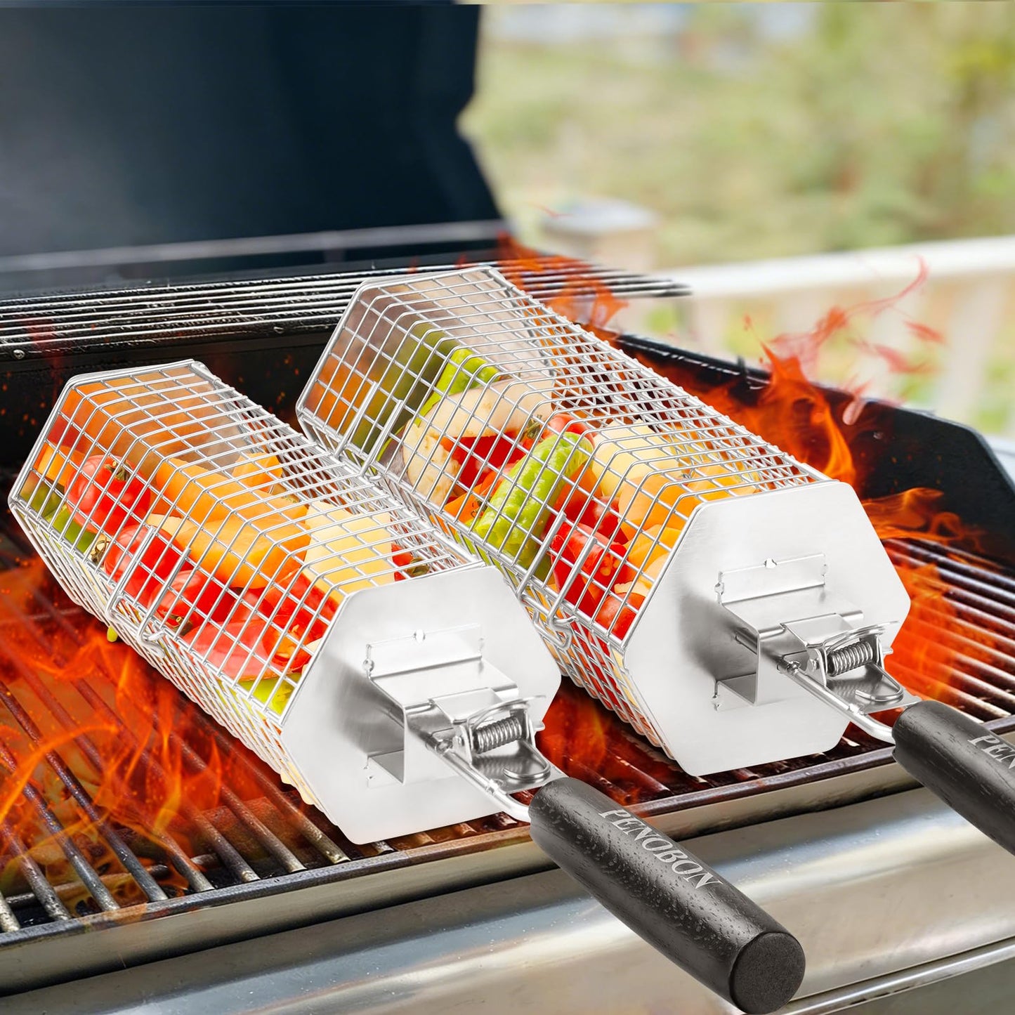 Hexagonal Rolling Grilling Basket Set, 2 PCS Stainless Steel BBQ Grill Baskets with Removable Wooden Handles, Large & Small Nestable Design for Outdoor Camping, Ideal for Vegetables, Meat & Seafood on Gas/Charcoal Grill