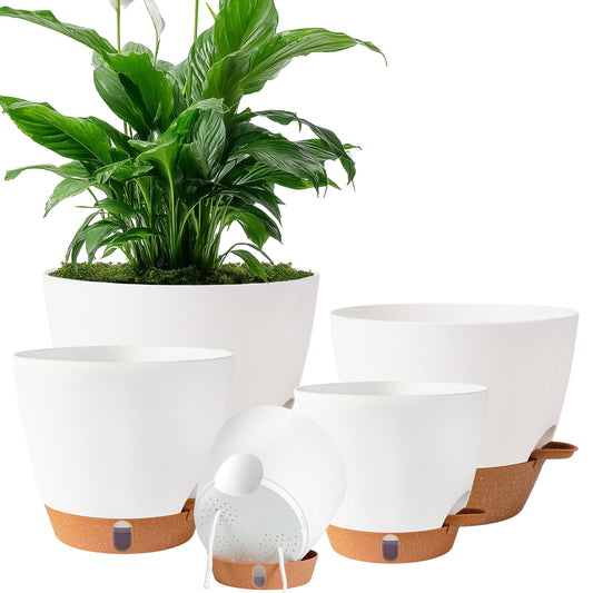 Fielda Self Watering Pots for Inoor Ourdoor Plants 10/9/8/7/6.5 Inch Plastic Planters with Drainage Holes & Water Level Indicator, Decorative House Flower Nursery Planting Pots with Saucers ((White)