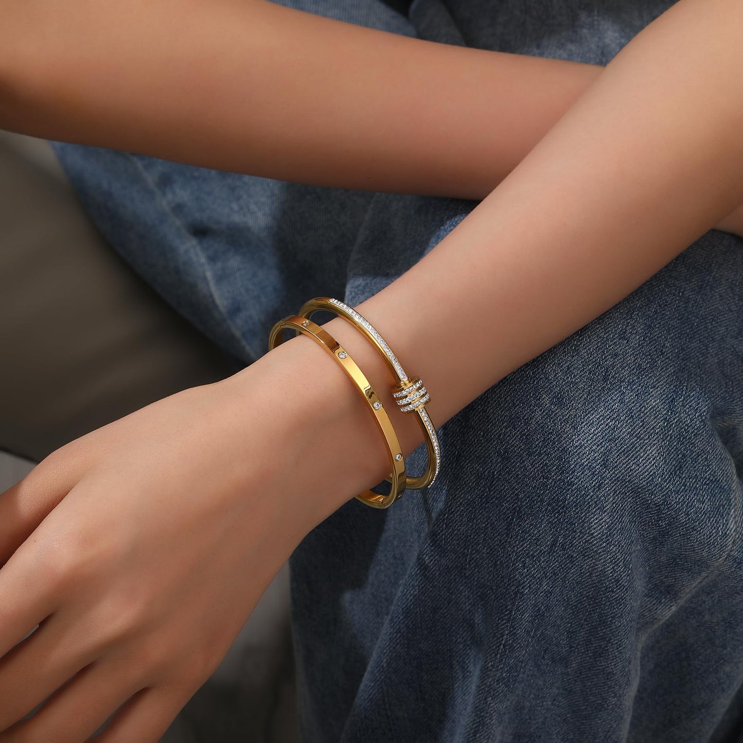 Jade cabbage Gold Bracelets for Women 18K Gold Plated Love Friendship Bracelet With Cubic Zirconia Cuff Bangle Jewelry Set Witness the Gift of Love (4mm gold 2pcs-A)