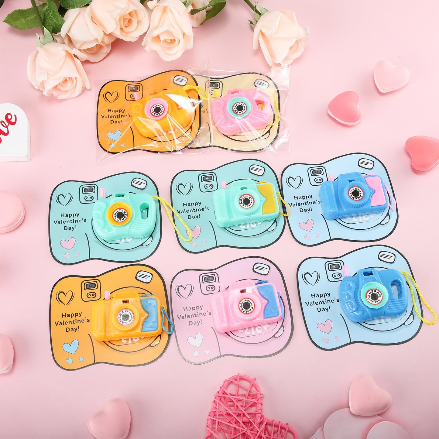 Jenaai 30 Pack Valentines Day Gifts for Kids Mini Toy Camera Bulk Set with Valentine's Greeting Cards Images in Viewfinder for Kids Classroom Exchange Gift Award Prize Party Favors