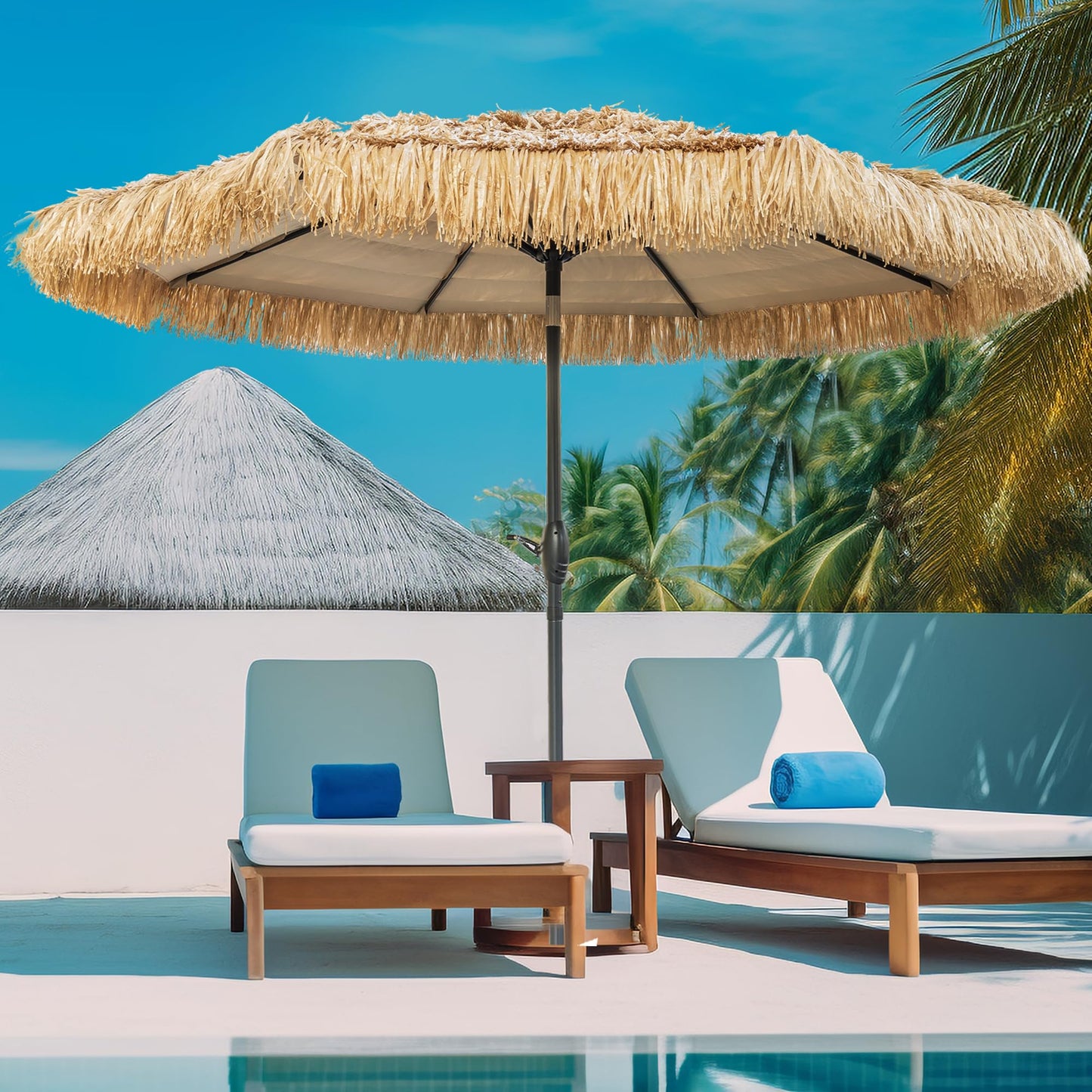 CBFULLRES 8FT Tiki Umbrella, Patio Umbrella Thatched Umbrella Outdoor Patio, Upgrade with UPF 50+, Tiki Beach Umbrellas with Zinc Alloy Push Button Tilt and for Pool Backyard