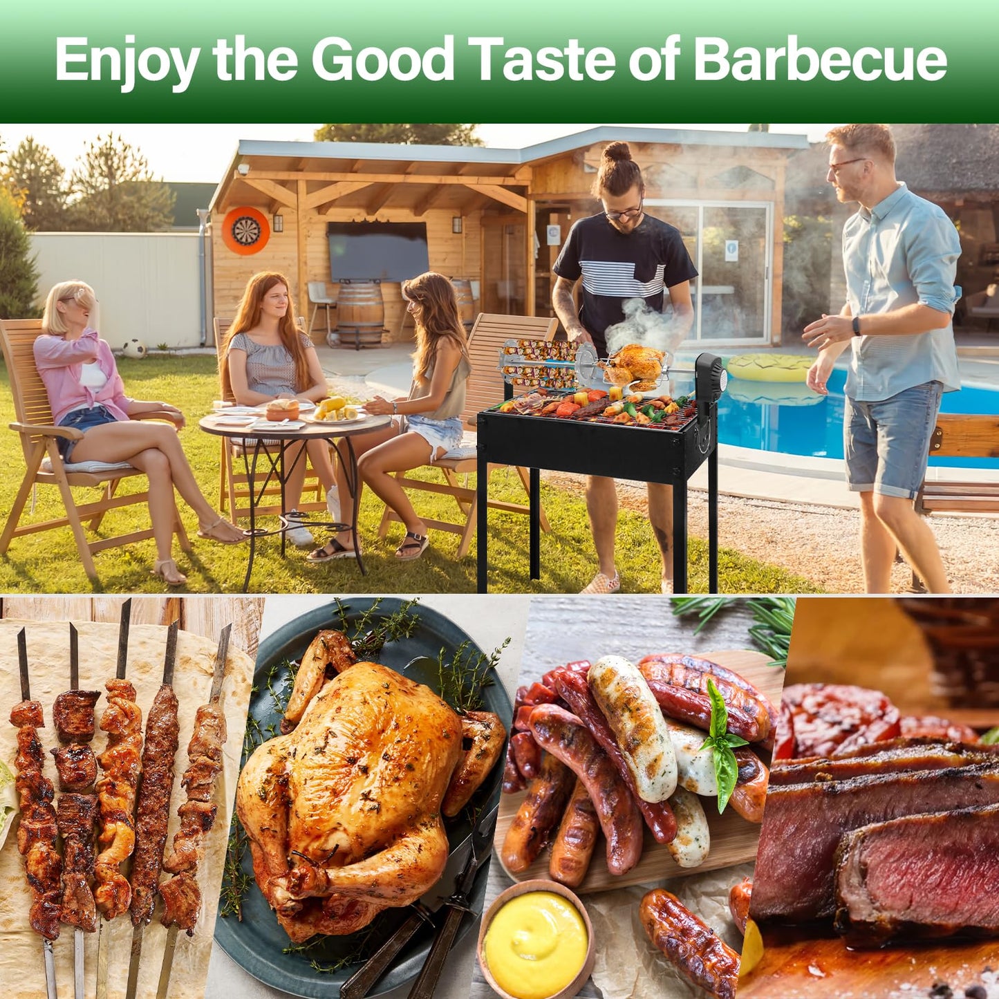 ptlsy 43inch Tall Outdoor Fireplace Chiminea Wood Burning Fire Pit & Rotating Barbecue Charcoal Grill with Rotisserie Meat Forks & 6-Piece Skewer Set for Outdoor Cooking Camping Hiking Picnics Tailgat