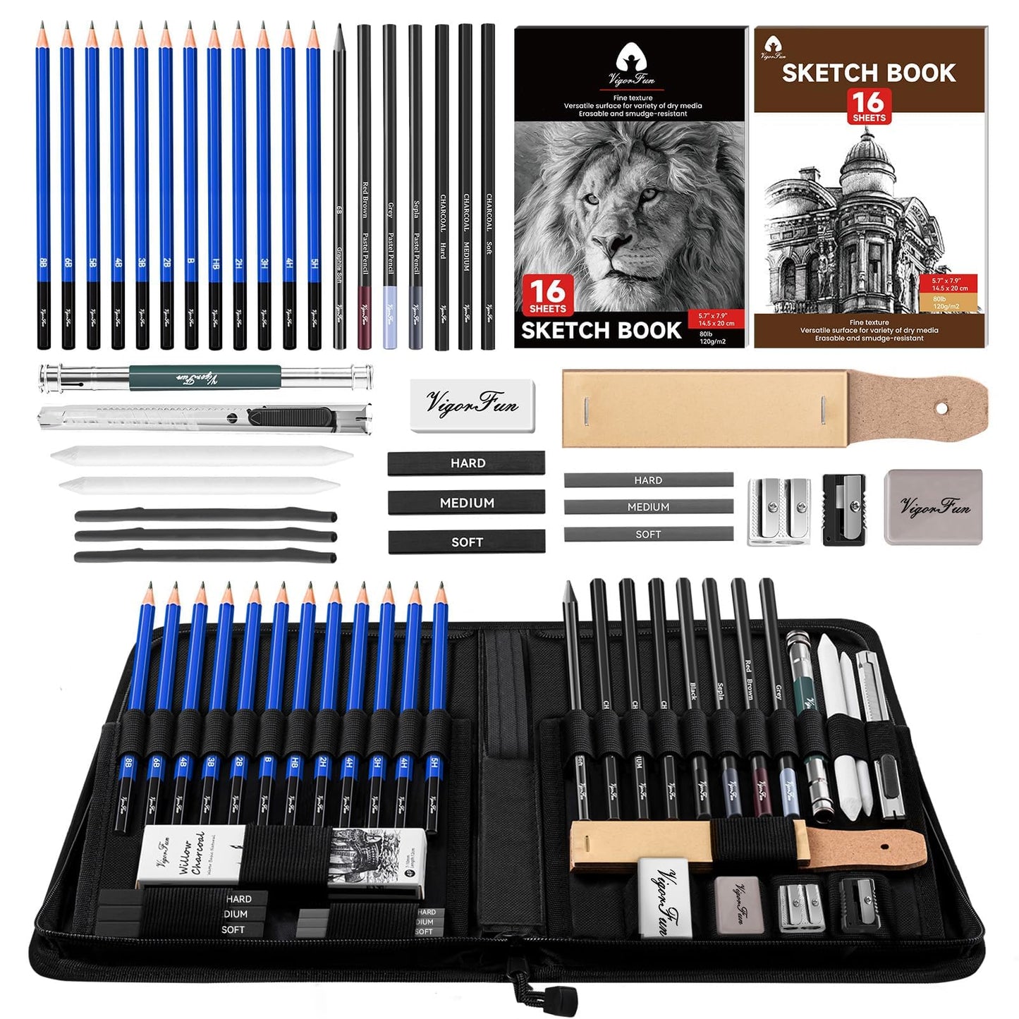 VigorFun Art Supplies, Sketching & Drawing Pencils Art Kit with 2 Sketch Pads, Professional Artists Drawing Supplies Set Includes Graphite, Charcoals, Kneaded Eraser for Adults (42 Pieces)