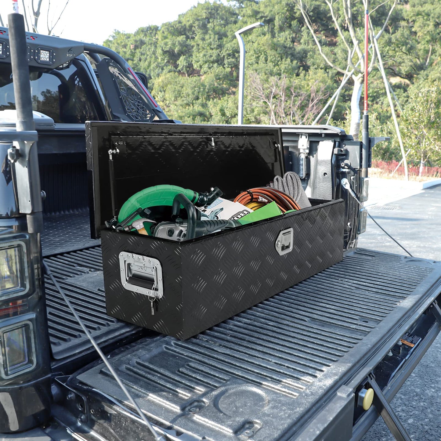 Eivojor Aluminum Stripes Plated Truck Tool Box Pick Up Truck Bed RV Trailer Toolbox Storage Organizer with Side Handles, Lock and Keys - 39" x 13" x 10",Black