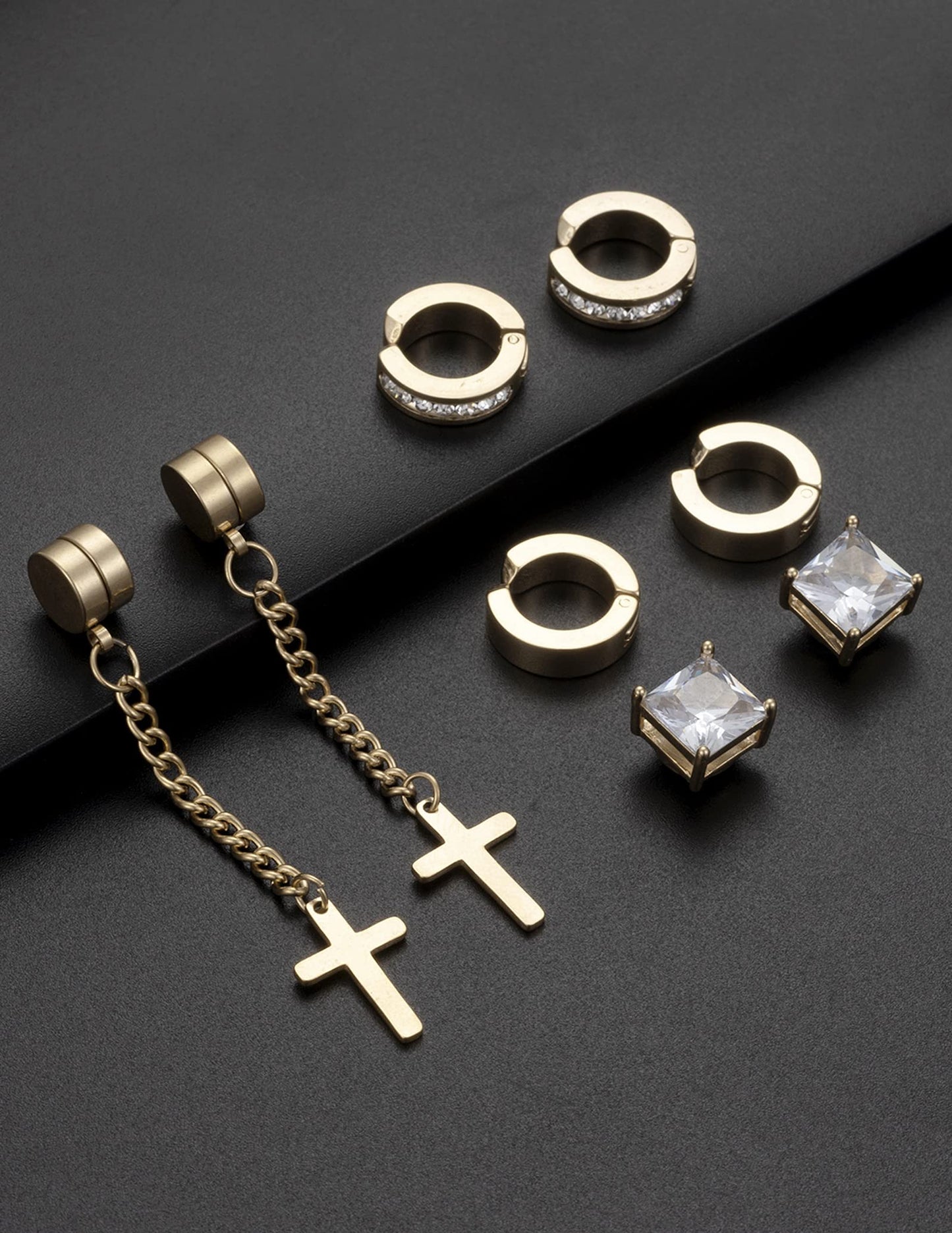 Ofeiyaa 12 Pairs Magnetic Stud Earrings Stainless Steel Non Pierced Earrings Punk CZ Hoop Dangle Hinged Feather Clip on Magnet Earring Set for Men Women Gold Silver Black
