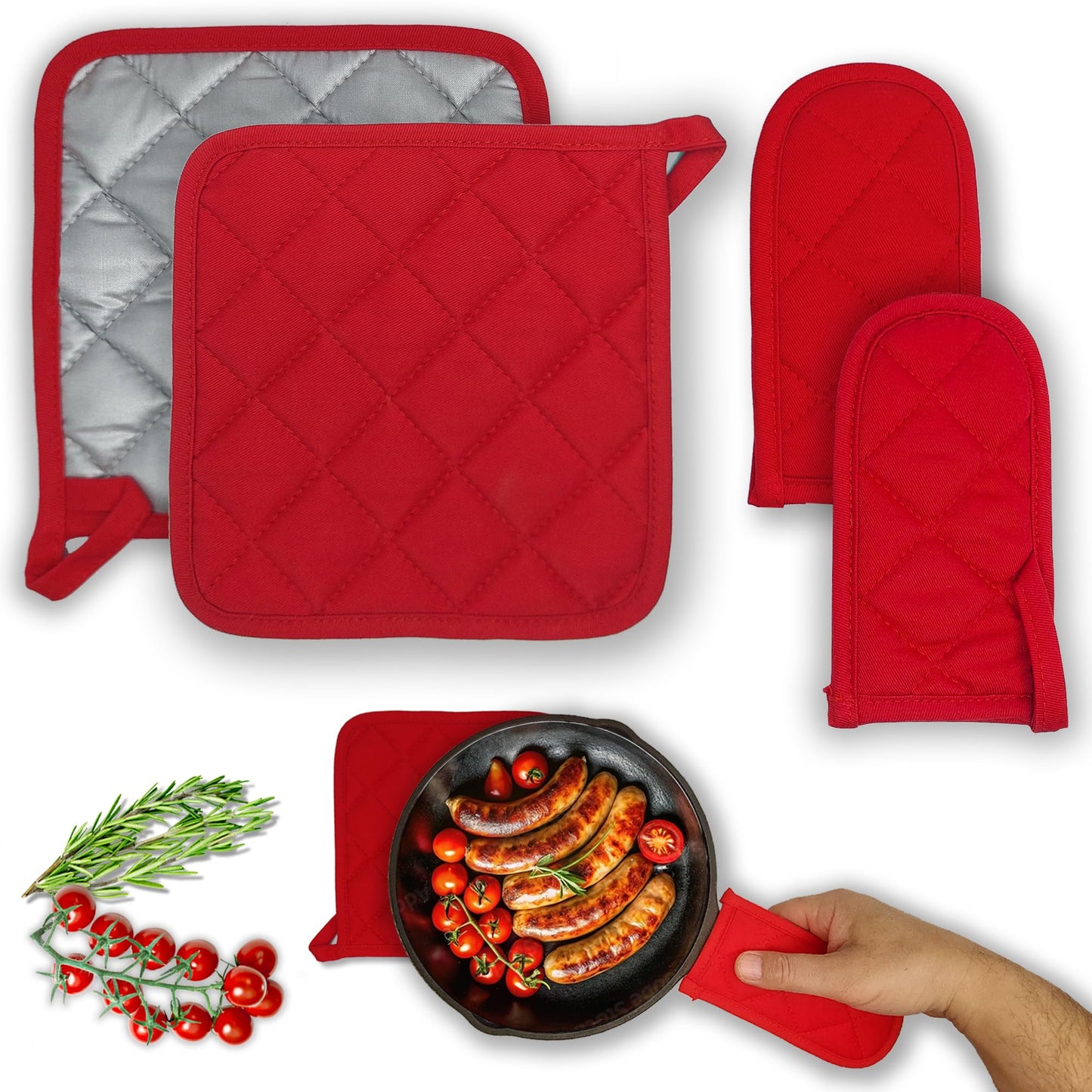 HERUKI Handle Holders and PotHolders Set, Heat Resistant Quilted Kitchen Accessories, Red, 4-Piece