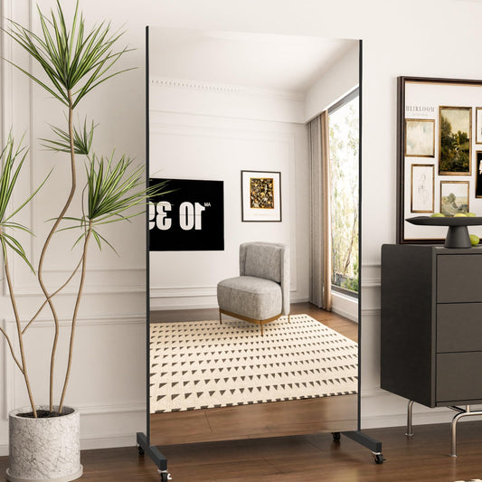 HDmuxel Full Length Mirror with Wheels, 71 "x 40", Black, Nano Film Surface Without Glass, shatterproof, Safe, Lightweight, only 13lbs Easy to Move and Install, for Home Gym, Dance & Yoga Studios.