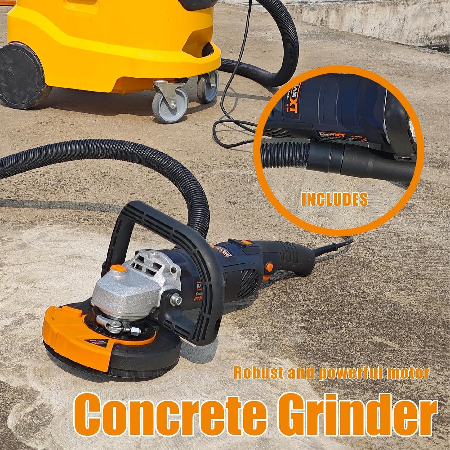 MAXXT 5 Inch Concrete Surfacing Grinder, 1500W 14A Motor, 7 Adjustable Speed Angle Grinder Kit with Diamond Disc, Removable Guard, Concrete Sander for Polishing and Grinder Stone Cement Marble Granite