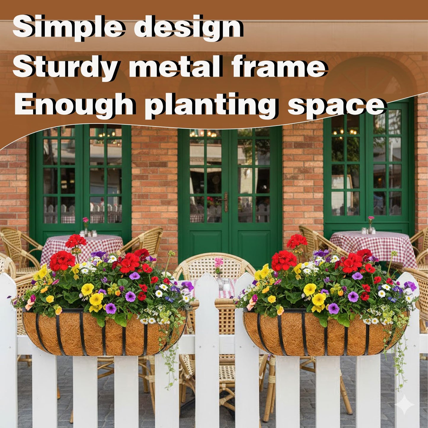 JFFLYIT 2 Pcs 36“ Railing Planter Window Box Deck Railing Planter Boxes with Coco Liner English Horse Trough Planters Metal Wall-Mounted Planters Basket for Outdoor Balcony Porch Fence Patio Rail