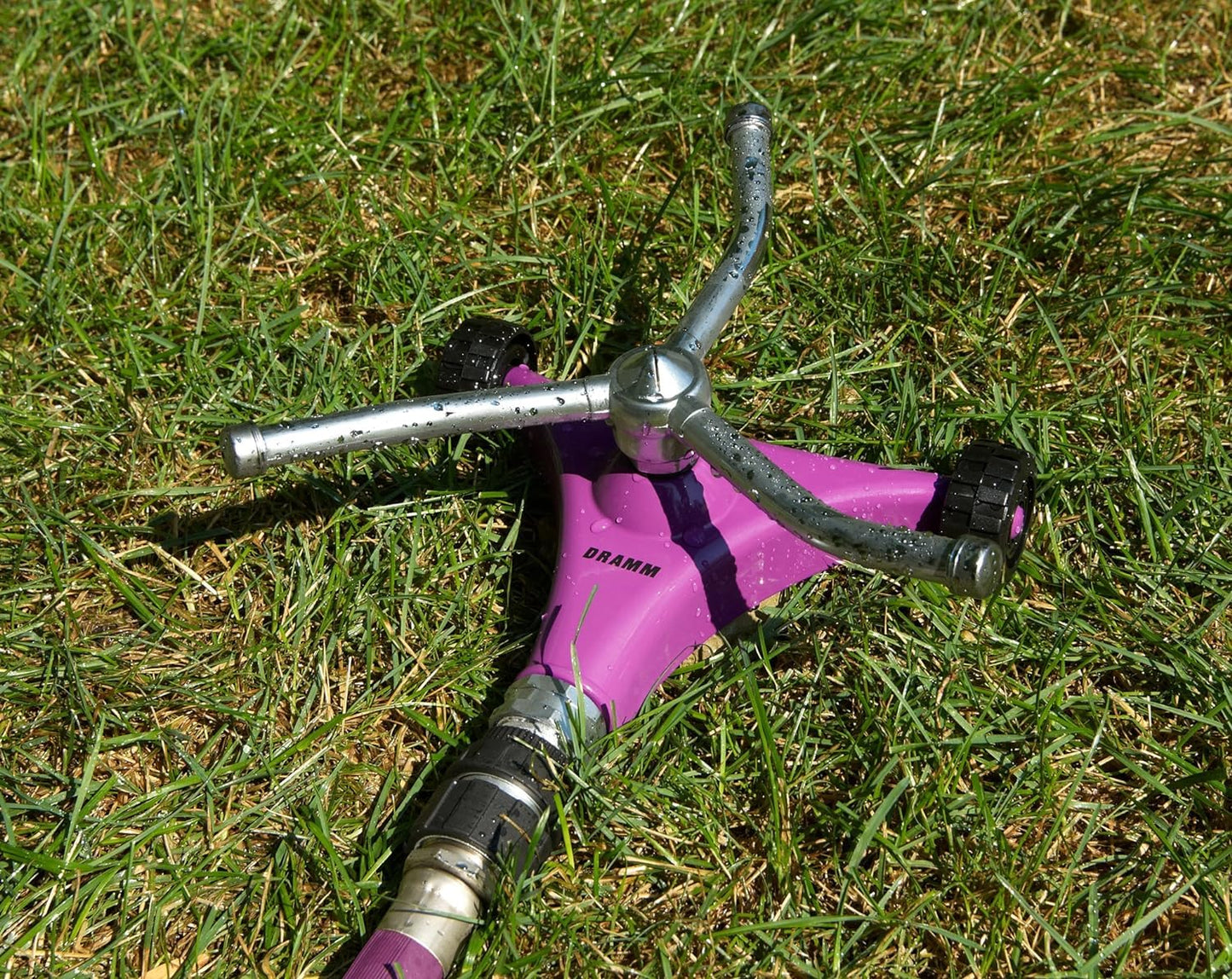 Dramm ColorStorm 3 Arm Whirling Sprinkler on 6" Wheeled Heavy Duty Metal Base, for Lawn, Yard, Garden and Large Area, Green, 70 Ft Diameter Reach