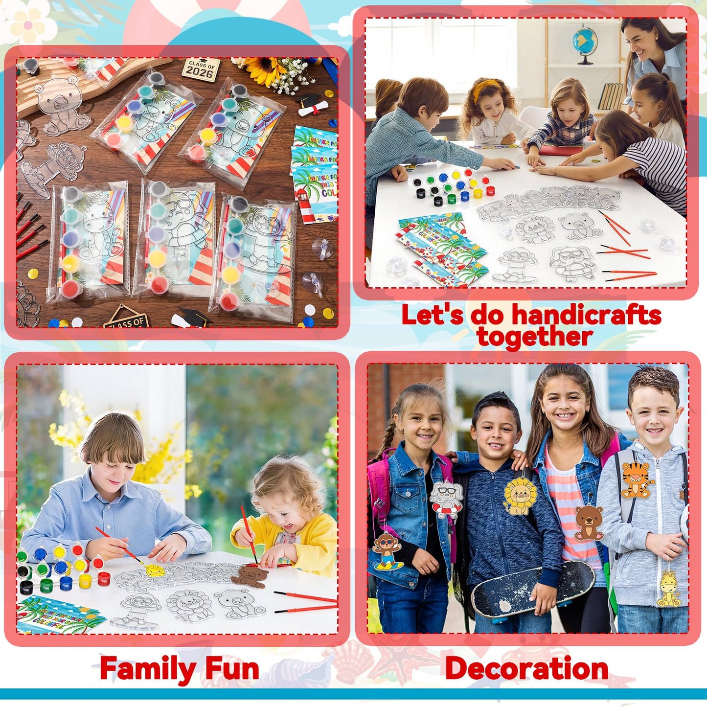 Kathfly 24 Sets /146 Pcs End of Year Gifts for Kids Suncatchers Craft Kit Create Your Own Window Paint Art Animals Beach Ocean Palm Themed Sun Catchers Craft Kits for School Graduation Party Exchanges